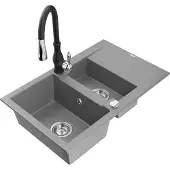 Mexen Gaspar 1,5-Becken-Granitspüle mit Abtropffläche und Mischbatterie Savita, Grau - 6507-71-672601-70