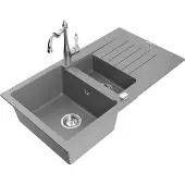 Mexen Matias 1,5-Becken-Granitspüle mit Abtropffläche und Mischbatterie Carla, Grau - 6502-71-670700-00