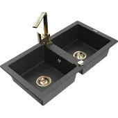 Mexen Mario 2-Becken-Granitspüle mit Mischbatterie Rita, Schwarz gesprenkelt - 6504-76-670300-50