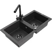 Mexen Mario 2-Becken-Granitspüle mit Mischbatterie Duero, Schwarz gesprenkelt - 6504-76-671600-70-B