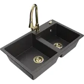 Mexen Tomas 2-Becken-Granitspüle mit Mischbatterie Elia, Schwarz gesprenkelt - 6516-76-670101-50