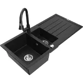 Mexen Andres 1,5-Becken-Granitspüle mit Abtropffläche und Mischbatterie Elia, Schwarz - 6515-77-670101-70