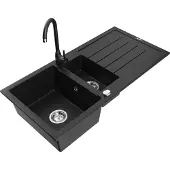 Mexen Andres 1,5-Becken-Granitspüle mit Abtropffläche und Mischbatterie Telma, Schwarz - 6515-77-670200-70