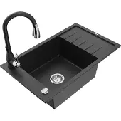Mexen Elias 1 Becken-Granitspüle mit Abtropffläche und Mischbatterie Savita, Schwarz/Silbermetallic- 6511-73-672601-70