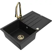 Mexen Bruno 1 Becken-Granitspüle mit Abtropffläche und Mischbatterie Elia, Schwarz - 6513-77-670101-50