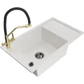 Mexen Elias 1 Becken-Granitspüle mit Abtropffläche und Mischbatterie Duo, Weiß - 6511-20-671701-57-B
