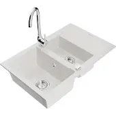 Mexen Gaspar 1,5-Becken-Granitspüle mit Abtropffläche und Mischbatterie Telma, Weiß - 6507-20-670200-00