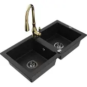 Mexen Mario 2-Becken-Granitspüle mit Mischbatterie Savita, Schwarz - 6504-77-672601-50-B