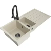 Mexen Andres 1,5-Becken-Granitspüle mit Abtropffläche und Mischbatterie Elia, Beige - 6515-69-670101-70