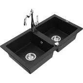 Mexen Mario 2-Becken-Granitspüle mit Mischbatterie Carla, Schwarz - 6504-77-670700-00