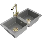 Mexen Mario 2-Becken-Granitspüle mit Mischbatterie Duero, Grau - 6504-71-671600-50
