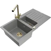 Mexen Matias 1,5-Becken-Granitspüle mit Abtropffläche und Mischbatterie Duero, Grau - 6502-71-671600-50