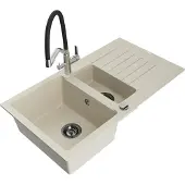 Mexen Matias 1,5-Becken-Granitspüle mit Abtropffläche und Mischbatterie Duo, Beige - 6502-69-671701-07-B