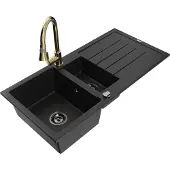 Mexen Andres 1,5-Becken-Granitspüle mit Abtropffläche und Mischbatterie Elia, Schwarz - 6515-77-670101-50-B