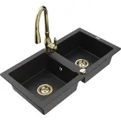 Mexen Mario 2-Becken-Granitspüle mit Mischbatterie Savita, Schwarz/Silbermetallic - 6504-73-672601-50