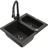 Mexen Carlos 1,5-Becken-Granitspüle mit Mischbatterie Elia, Schwarz/Gold metallisch - 6518-75-670101-70-B