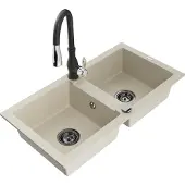 Mexen Mario 2-Becken-Granitspüle mit Mischbatterie Savita, Beige - 6504-69-672601-70