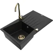 Mexen Cesar 1 Becken-Granitspüle mit Abtropffläche und Mischbatterie Telma, Schwarz - 6514-77-670200-50