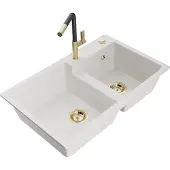 Mexen Tomas 2-Becken-Granitspüle mit Mischbatterie Flora, Weiß - 6516-20-670401-57-G