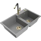 Mexen Tomas 2-Becken-Granitspüle mit Mischbatterie Flora, Grau - 6516-71-670401-57-G