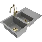 Mexen Gaspar 1,5-Becken-Granitspüle mit Abtropffläche und Mischbatterie Carla, Grau - 6507-71-670700-50
