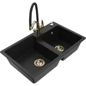 Mexen Tomas 2-Becken-Granitspüle mit Mischbatterie Duo, Schwarz - 6516-77-671701-57-G