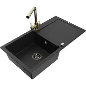 Mexen Leo 1 Becken-Granitspüle mit Abtropffläche und Mischbatterie Duero, Schwarz - 6501-77-671600-50-B