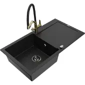 Mexen Leo 1 Becken-Granitspüle mit Abtropffläche und Mischbatterie Duo, Schwarz - 6501-77-671701-57-B