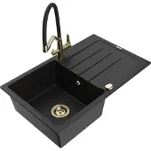 Mexen Bruno 1 Becken-Granitspüle mit Abtropffläche und Mischbatterie Duo, Schwarz - 6513-77-671701-57-G