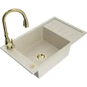 Mexen Elias 1 Becken-Granitspüle mit Abtropffläche und Mischbatterie Savita, Beige - 6511-69-672601-50