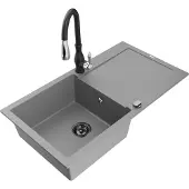 Mexen Leo 1 Becken-Granitspüle mit Abtropffläche und Mischbatterie Savita, Grau - 6501-71-672601-70-B