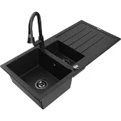Mexen Andres 1,5-Becken-Granitspüle mit Abtropffläche und Mischbatterie Elia, Schwarz - 6515-77-670101-70-B