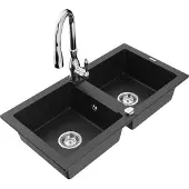 Mexen Mario 2-Becken-Granitspüle mit Mischbatterie Savita, Schwarz/Silbermetallic - 6504-73-672601-00