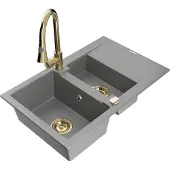 Mexen Gaspar 1,5-Becken-Granitspüle mit Abtropffläche und Mischbatterie Elia, Grau - 6507-71-670101-50