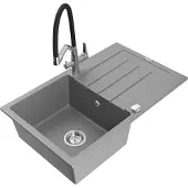 Mexen Bruno 1 Becken-Granitspüle mit Abtropffläche und Mischbatterie Duo, Grau - 6513-71-671701-07