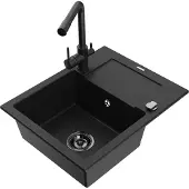 Mexen Enzo 1 Becken-Granitspüle mit Abtropffläche und Mischbatterie Duero, Schwarz - 6506-77-671600-70-B