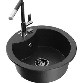 Mexen Diego 1-Becken-Granitspüle mit Mischbatterie Flora, Schwarz/Silbermetallic - 6512-73-670401-07-B