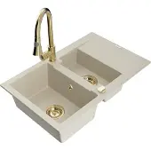Mexen Gaspar 1,5-Becken-Granitspüle mit Abtropffläche und Mischbatterie Elia, Beige - 6507-69-670101-50