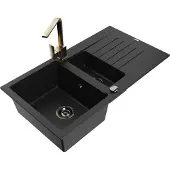 Mexen Matias 1,5-Becken-Granitspüle mit Abtropffläche und Mischbatterie Rita, Schwarz - 6502-77-670300-50-B