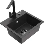 Mexen Milo 1-Becken-Granit-Spüle mit Mischbatterie Rita, Schwarz gesprenkelt - 6505-76-670300-70-B