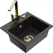 Mexen Milo 1-Becken-Granit-Spüle mit Mischbatterie Rita, Schwarz/Gold metallisch - 6505-75-670300-50