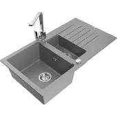 Mexen Matias 1,5-Becken-Granitspüle mit Abtropffläche und Mischbatterie Rita, Grau - 6502-71-670300-00