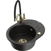 Mexen Kevin 1-Becken-Granitspüle mit Mischbatterie Duo, Schwarz/Gold metallisch - 6517-75-671701-57-G