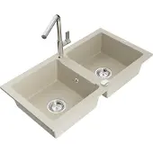 Mexen Mario 2-Becken-Granitspüle mit Mischbatterie Flora, Beige - 6504-69-670401-00