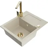 Mexen Enzo 1 Becken-Granitspüle mit Abtropffläche und Mischbatterie Rita, Beige - 6506-69-670300-50