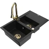 Mexen Gaspar 1,5-Becken-Granitspüle mit Abtropffläche und Mischbatterie Elia, Schwarz - 6507-77-670101-50