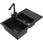 Mexen Gaspar 1,5-Becken-Granitspüle mit Abtropffläche und Mischbatterie Duero, Schwarz - 6507-77-671600-70-B