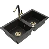 Mexen Mario 2-Becken-Granitspüle mit Mischbatterie Flora, Schwarz/Gold metallisch - 6504-75-670401-57-G