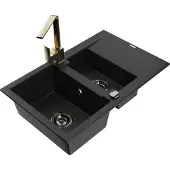 Mexen Gaspar 1,5-Becken-Granitspüle mit Abtropffläche und Mischbatterie Rita, Schwarz - 6507-77-670300-50-B