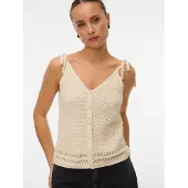 Vero Moda Stricktop "VMSALTY SANDS SL TOP SE", Damen, Gr. M, beige (birch), Strick, Obermaterial: 100% Baumwolle, unifarben, normal, V-Ausschnitt, Tops Stricktop, Baumwolle